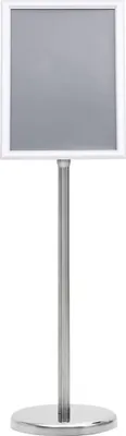 A silver A4 poster stand with a white frame on a white background.