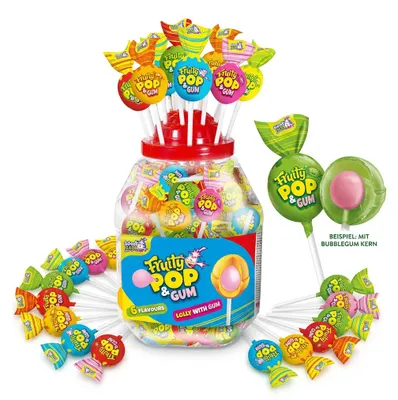 Obrázek produktu pro Sada 100 bonbonů "Fruity Pop Lollies" s žvýkací náplní, příchuť "Sweet Flash"