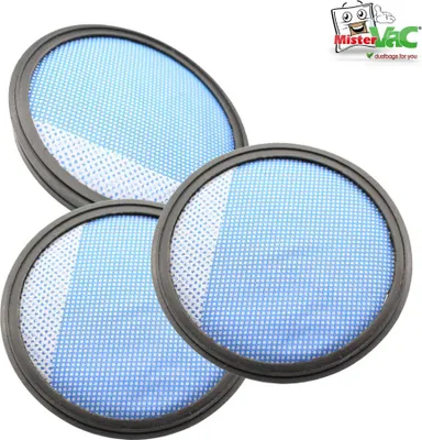 Three round vacuum cleaner filters are stacked on a white background, with a logo in the top right corner.