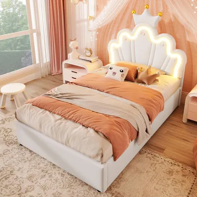 Productafbeelding van STILVORA gestoffeerd bed 90x200 met bedlade, bedframe met verstelbaar hoofdeinde en LED-verlichting, een-persoonsbed met hydraulisch hefmechanisme, zonder matras, PU, wit