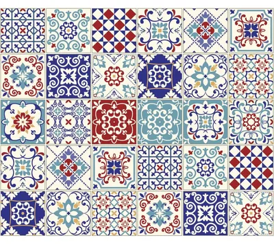 Obrázek produktu pro Samolepicí obkladové nálepky do kuchyně a koupelny – 30 cementových obkladových nálepek Leotina Azulejos – 30 nálepek o rozměrech 10 x 10 cm