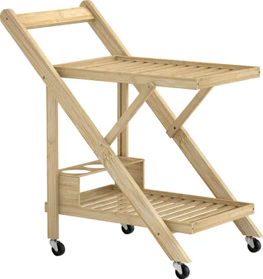 Image de Chariot de cuisine Fortuna Lai avec casier à bouteilles, plan de travail, 2 niveaux, chariot à roulettes pour bureau, cuisine, salon, 66 x 40 x 70 cm, bambou, naturel