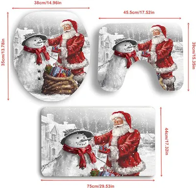 A collage of three Christmas-themed bath mats featuring Santa Claus and snowmen.