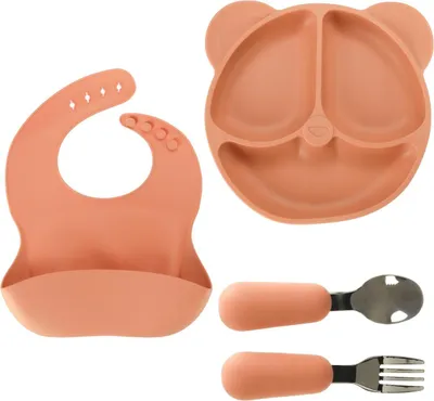 Produktbild von Kinder Geschirr Set Orange Silikon 4 tlg Teller Besteck Lätzchen Esslernset Baby Kinder