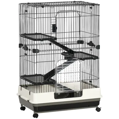 Image de PawHut Cage pour petits animaux roulante 3 plates-formes démontables 3 rampes plateau inférieur amovible métal PP 81,2 x 52,7 x 114 cm noir