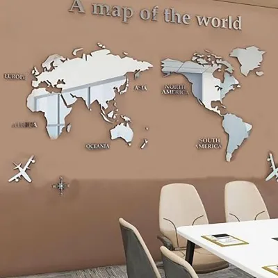 Produktbild von Acryl-Wandaufkleber 3D-Weltkarte Wandspiegelaufkleber für Büro, Arbeitszimmer, Wohnzimmer, Schlafzimmer Silber
