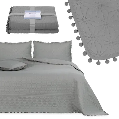 Produktbild von Tagesdecke Wohndecke Pompons und Steppung Wendefunktion dunkelgrau - 200 x 220 cm
