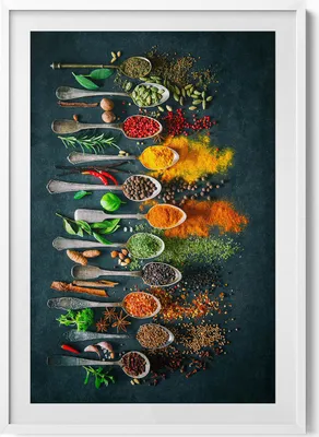 Produktbild von Löffel mit bunten Gewürzen– Wandbild mit Rahmen – Gerahmtes Bild  – Wanddekoration – 70x100 cm –  Weiß Rahmen