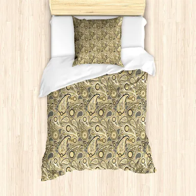 Produktbild von ABAKUHAUS Paisley Bettbezug Set, Traditionelles asiatisches Muster mit Blumen verlässt mit Streifen-Grafik-Druck, 135 x 200 cm + 80 x 80 cm, Braun Schwarz und Weiß