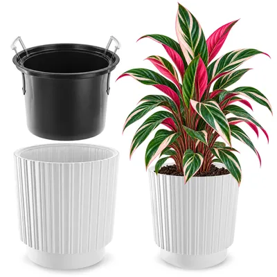 Image de KADAX Pot de fleurs Cache-pot de fleurs 40cm avec insert Support de fleurs plastique blanc
