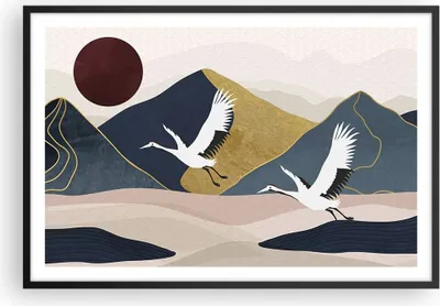 Produktbild von Gerahmtes Poster - Schwarzer Rahmen - Kraniche Berge Sonne - 91,5x61 cm - Wand Bild - Wanddeko - Wandbilder - Kunstposter - Wandposter - Bilderrahmen - Bilder - Kunstdruck - P2BAA91x61-4785