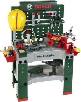 Produktbild von Werkbank für Kinder, Bosch Workstation N°1, mit elektronischem Schraubendreher, inkl. Fahrzeug zum Zusammenbauen & Zubehör