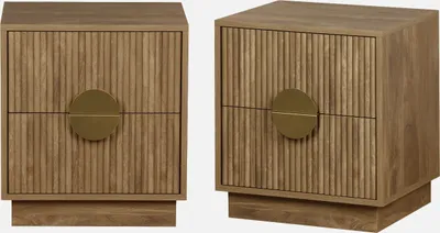 Two matching bedside tables with a fluted wood design and a circular brass handle are displayed against a white background.