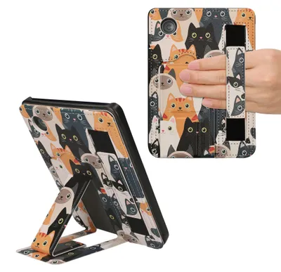 Produktbild von kwmobile Schutzhülle kompatibel mit Kobo Clara 2E / Tolino Shine 4 Hülle - Kunstlederhülle mit Ständer und Handgurt - Katzen - Orange Schwarz Weiß