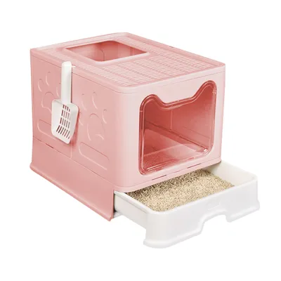 Image de Bac à litière avec pelle Bac à litière avec plateau coulissant Pliable 41×51×38cm Rose
