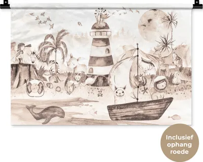 Produktbild von MuchoWow® Wandteppich Wandbehang Strand - Kinder - Leuchtturm - Alpaka - Meer - Tiere 60x40 cm Tapisserie Dekoration Wandtuch - Wanddekorationen