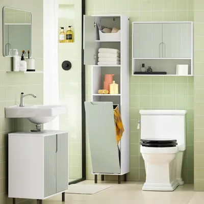 Produktbild von SoBuy BZR137-GR Hochschrank mit Wäschesack Badezimmerschrank Badschrank schmal Wäscheschrank Badregal Badezimmermöbel