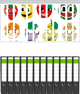 Produktbild von Wallario 12 Stück schmale Ordner inkl. Klebeetiketten mit Motive Obst-Smilies im Comic-Stil - Lustige Früchte -  Set mit Rückenschildern / Ordnerrücken Stickern