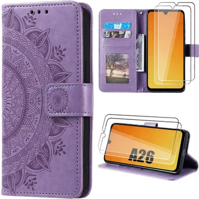 Image de Coque + 2 Verres Trempés pour Samsung Galaxy A26 5G, Protection Anti-Rayures Cuir Synthétique Violet Gravure Mandala