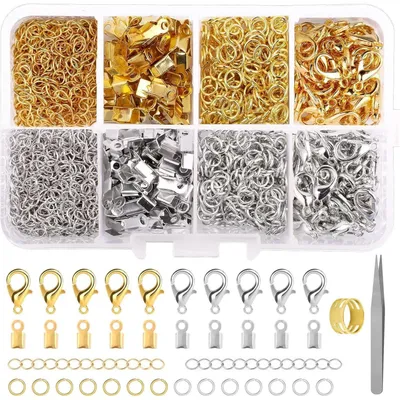 Produktbild von Schmuckverschluss Set 300 Teile mit Biegeringen, Karabinerverschlüssen, Verlängerungsketten, Gold & Silber