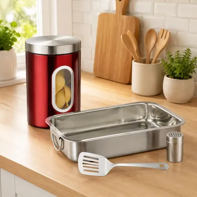 Immagine prodotto di Set da cucina per lasagne (2 pezzi) – Set di 3 teglie da forno in acciaio inossidabile e barattolo trasparente con coperchio