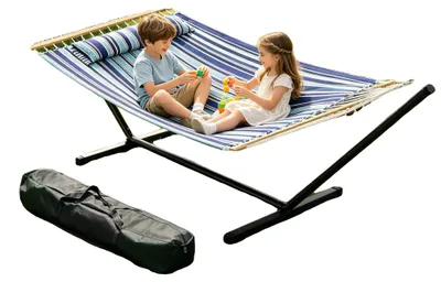 Obrázek produktu pro Hamaka pro dvě osoby, maximální nosnost 215 kg, rozměry 210 cm x 150 cm x 108 cm, materiál: odolný nylon, lanko: třívrstvě stočené polykoton, montáž nutná