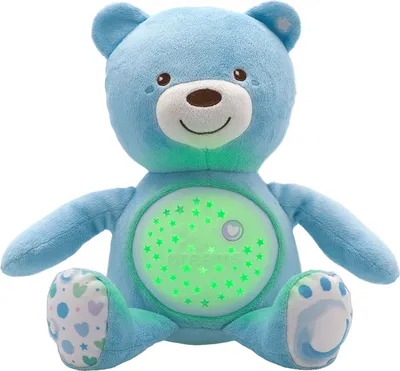 A blue teddy bear toy with a light-up projection on its stomach.