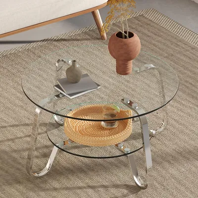 Immagine prodotto di Tavolino rotondo per divano, con due piani in vetro temperato, gambe in metallo, tavolino ausiliario, colore argento
