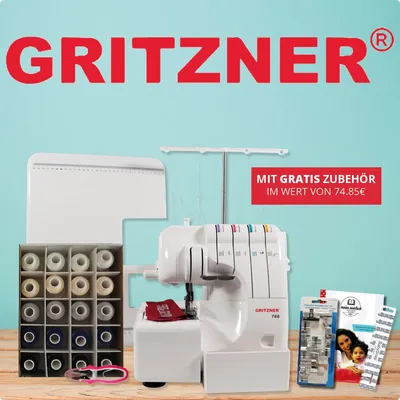 Produktbild von GRITZNER 788 LED Version 2026 mit Anschiebetisch, Klarsichtfuß + 2 Fadenabschneidern, 5 Sonderfüßen, Abfallbehälter + E-Book + Ackermann Garnbox 20x1000m + Fadenschere + Handmaß