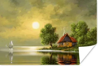 Produktbild von MuchoWow® Poster Gemälde - Ölfarbe - Haus - Natur - Wasser 180x120 cm - Fotoplakat