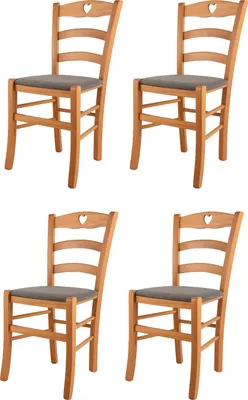 Image de t m c s Tommychairs - Set de 4 chaises CUORE pour la cuisine et la salle à manger, Structure robuste en bois de hêtre laqué couleur miel et assise rembourrée recouverte de tissu couleur brun chevreuil