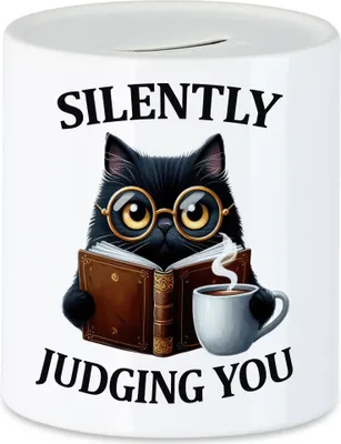 Produktbild von Silently Judging You Spardose Lustige Katze Nerd Humor Buch Leser Geschenkidee