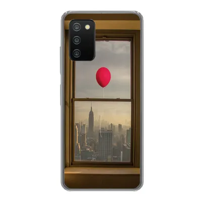 Produktbild von MuchoWow® Handyhülle Schutzhülle Hülle für Samsung Galaxy A03s Roter Ballon fliegt an Fenster in New York vorbei Silikon Softcase Handy Hülle - Schutz