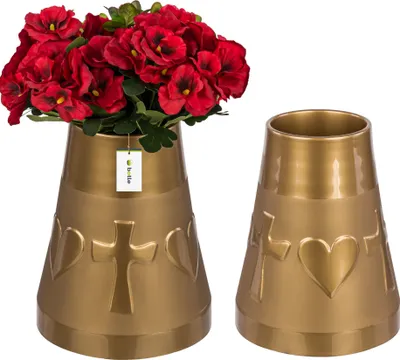 Produktbild von 2 Stück Friedhofsvase in Kegelform Grabstein Grabdekoration Grabsteckvase Blumenvase mit Herz- und Kreuzdekor H 25,5 cm Ø 11 cm Golden Grabblumenkompositionen für lebende und künstliche Blumen