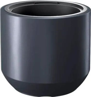 A dark gray planter with a silver rim.