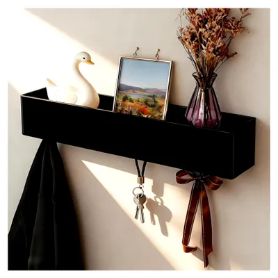 Produktbild von Wandgarderobe mit 5 Haken und Ablage – Stabile Kleiderhakenleiste für Flur, Schlafzimmer und Korridor – Versteckte Wandgarderobe, Schwarz