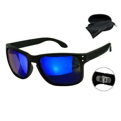 Produktbild von Polarisierte Sonnenbrille Herren Eckig Schwarz Blau Verspiegelte Getönte UV400 Renenc Markenbrille mit Hardcase