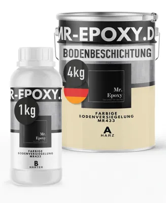 Produktbild von Mr. Epoxy Epoxidharz Bodenbeschichtung (5 kg, RAL 1015 Hellelfenbein) - 2K Betonfarbe für Garagen, Keller & Werkstatt Boden - Flüssigkunststoff Epoxid Grundierung und Bodenversiegelung