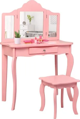 Produktbild von GOPLUS Kinder Schminktisch mit Hocker,  2-Set Frisiertisch mit Abnehmbaren Spiegel, Kindertisch aus Holz, Mädchen Kinder Kommode Kosmetiktisch (Rosa)