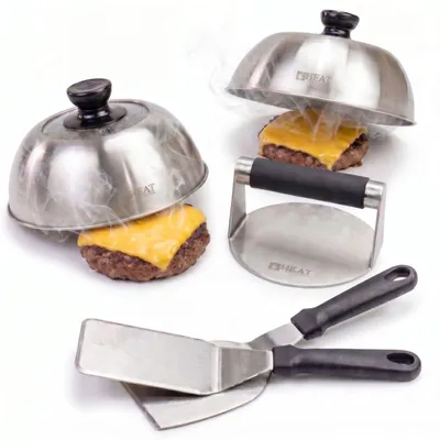 Produktbild von Heat Smash Burger Set 5-teilig - Edelstahl Burgerpresse mit Grillspachtel & 2X Schmelzglocke - Burger Presse Set für Grill, BBQ & Plancha