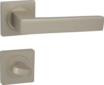 A modern door handle set with a square base and a lever handle, shown with a separate square base for a toilet lock.