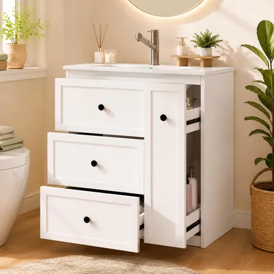 Immagine prodotto di MODFU Lavabo da appoggio, 76,2 x 46,2 x 82 cm, mobile da bagno con lavabo in Vetroceramica, mobile da bagno con 3 cassetti e un cassetto a due ripiani, bianco