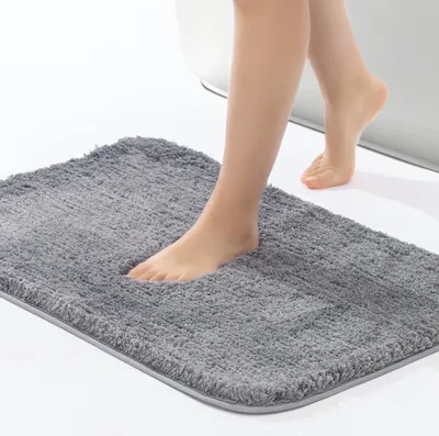Produktbild von Shaggy-Badezimmerteppich, rutschfest, 43 x 61 cm,  wasserabsorbierend, flauschig, weich, Plüsch-Mikrofaser, Duschteppich, maschinenwaschbar, Badematten für Badezimmer, Dusche, grau