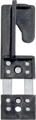 A close-up studio shot of a black mechanical component with metal prongs.