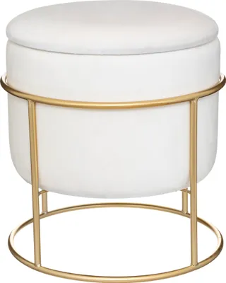 A white velvet storage ottoman with a gold metal frame, shown against a white background.