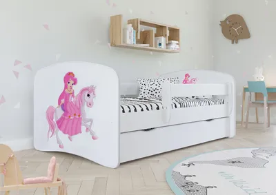 Produktbild von Kinderbett Jugendbett 80x160 cm Weiß mit Matratze Rausfallschutz Schublade und Lattenrost Kinderbetten für Mädchen und Junge - Prinzessin auf dem Pony