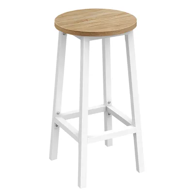 A single bar stool with a round wooden seat and white legs, presented on a white background.