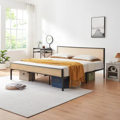 Obrázek produktu pro Kovová postel 'Linköping' s obdélníkovým čelem 180 x 200 cm černá / vzhled ratanu