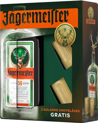 Produktbild von Jägermeister Set mit 2 goldenen Shotgläsern // 0,7L 35%