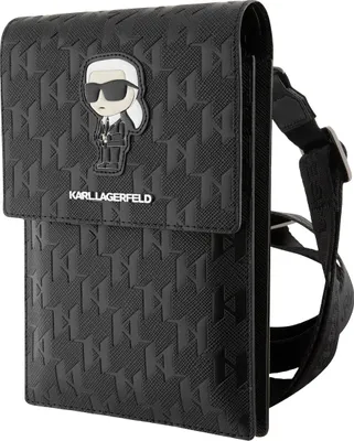 A black Karl Lagerfeld crossbody bag with a monogram pattern and a cartoonish Karl Lagerfeld figure on the flap.